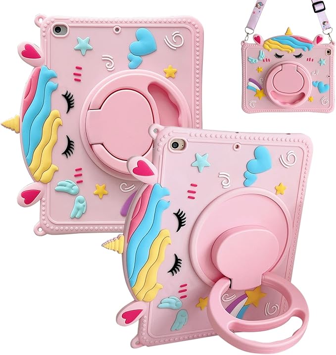 Dteck for iPad 10.9" 10th Generation Case Kids,Cute Cartoon 3D Unique Design Light Rotating Handle Stand Shoulder Strap Soft Silicone Funda Drop Rugged Shockproof Protective Kid-Proof Case,Unicorn