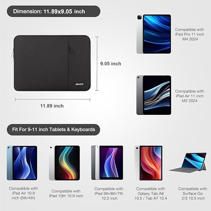 MOSISO 9-11 inch Tablet Sleeve Case for iPad A16 2025, iPad Air 11 inch M3 M2, iPad Pro 11 M4, iPad 10/9/8/7th, Galaxy Tab A9+/S9/S8/Plus 11, Polyester Vertical Bag with Pocket, Black