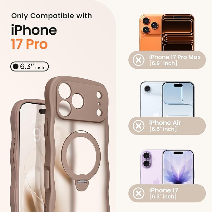 CAPRARO for iPhone 17 Pro Case with 360° Spin Magnetic Stand for Women, [Compatible with MagSafe] [Full Camera Protection] Cute Wave Translucent Matte Case for iPhone 17 Pro, Brown