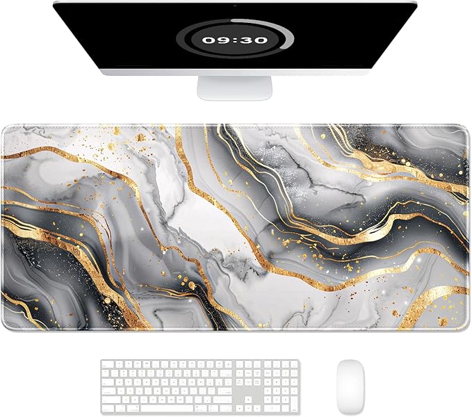 Auhoahsil Ultra Large Gaming Mousepad, XXL Desk Mat, Pretty Extended Full Size Desktop Matt for Keyboard, Laptop & Computer, 35.5 x 15.7 in, White Gray Marble