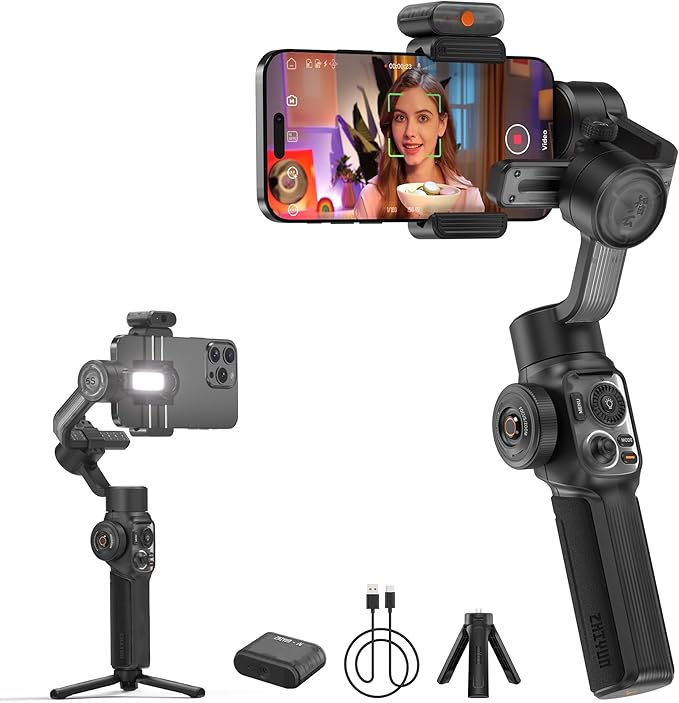 ZHIYUN Smooth 5S AI Combo 3-Axis Gimbal Stabilizer for iPhone 15 Pro Max & Android Smartphone Gimbal with AI Tracker, Built-in Fill Light, Tripod, Phone Stabilizer for Video Recording Vlog Filming