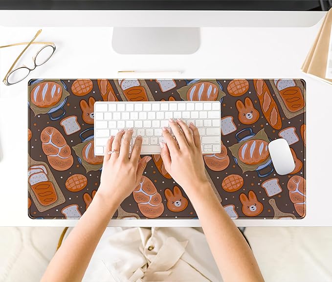 Kawaii Desk Mat Cute Mouse Pad Large Gaming Desk Pad, Bunny Bread Keyboard Mat Extended, Full Desktop Computer Mouse Mat XXL, Pastries Food Desk Decorations for Women Office 31.5x15.7 Inch