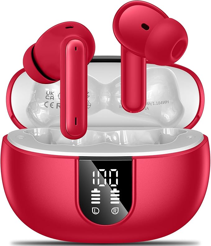 Wireless Earbuds, 2024 Wireless Headphones HiFi Stereo Earphones with 4 ENC Noise Canceling Mic, 42Hs Playtime In Ear Earbud, Bluetooth 5.3 Sport Earphones with LED Power Display for Android iOS Red