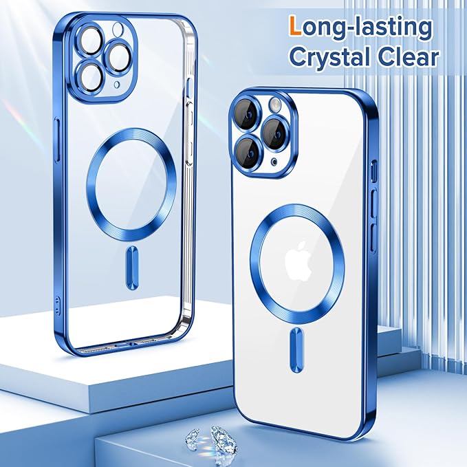 Hython Magnetic Clear for iPhone 11 Pro Max Case with Camera Lens Protector [Compatible with MagSafe] Plating Edge Slim Soft TPU Cover Protective Phone Case for iPhone 11 Pro Max 6.5", Deep Blue