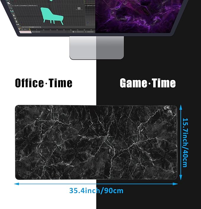Black Marble Texture Desk Mat,Large Gaming Mouse Pad,Non-Slip Rubber Base Desk Pad with Stitched Edges for Desk Office Home Decor 35.4X15.7 Inch