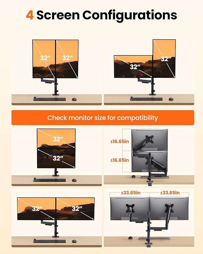 ErGear Vertical Dual Monitor Stand, Stacked Monitor Mount for 13-32″ Screens, Up to 19.8 lbs per Arm, Enhanced Stability with Integrated C-Clamp, Upgraded Cable Management, VESA 75x75/100x100mm, Black