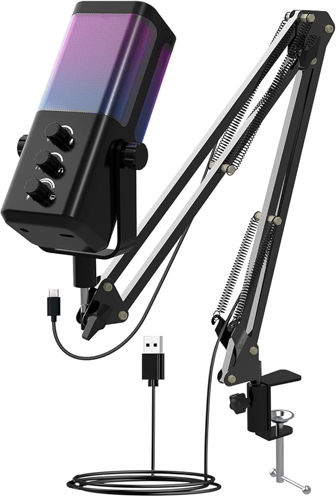 M7 USB Gaming Microphone with Boom Arm - Professional RGB Condenser Mic for PC/PS5 - Triple-Knob Control (Mic Gain, Headphone Vol, Monitor Mix) - Zero Latency Streaming Kit Mic Black