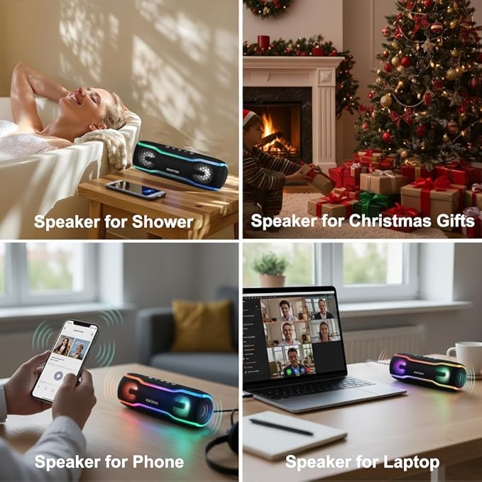 IPX7 Waterproof Bluetooth Speaker, 24H Playtime, LED Lights, Wireless Outdoor Speaker for Pool, Beach, Shower, Blue