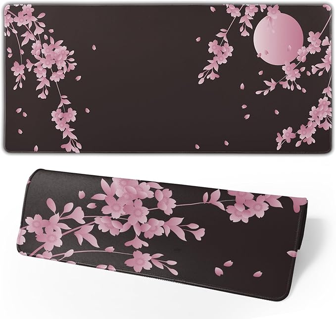 Sakura Cherry Blossom Extended Gaming Mouse Pad Non-Slip Rubber Base Pink Large Mousepad 31.5x11.8in with Stitched Edge Waterproof Flower Keyboard Pads Black Desk Laptop Mats for Work/Game/Office