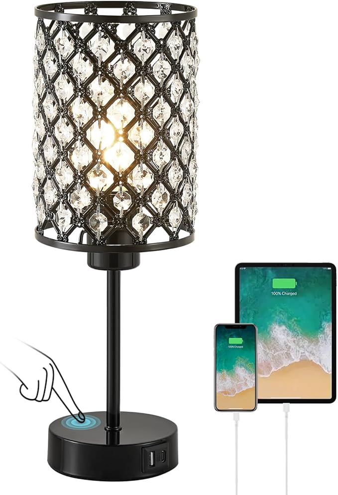 GyroVu Crystal Table Lamp, Black Lamp for Bedroom Nightstand with USB C+A Ports, Dimmable Touch Lamp with Crystal Shade, Bedside Lamp Small Lamp for Bedroom, Living Room, Office (Buld Included)