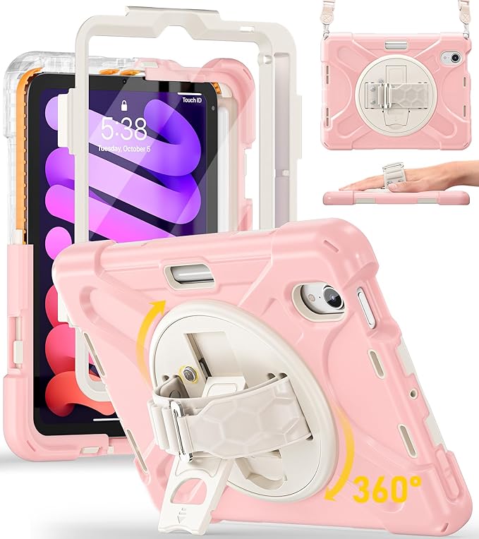 BRAECN for iPad mini 7(A17 Pro)/ 6 case 2024/2021 8.3 inch Heavy Duty Shockproof Protective with Pencil Holder Screen Protector 360°Rotating Stand Handle Full Body Cover Shoulder Strap Kids Friendly