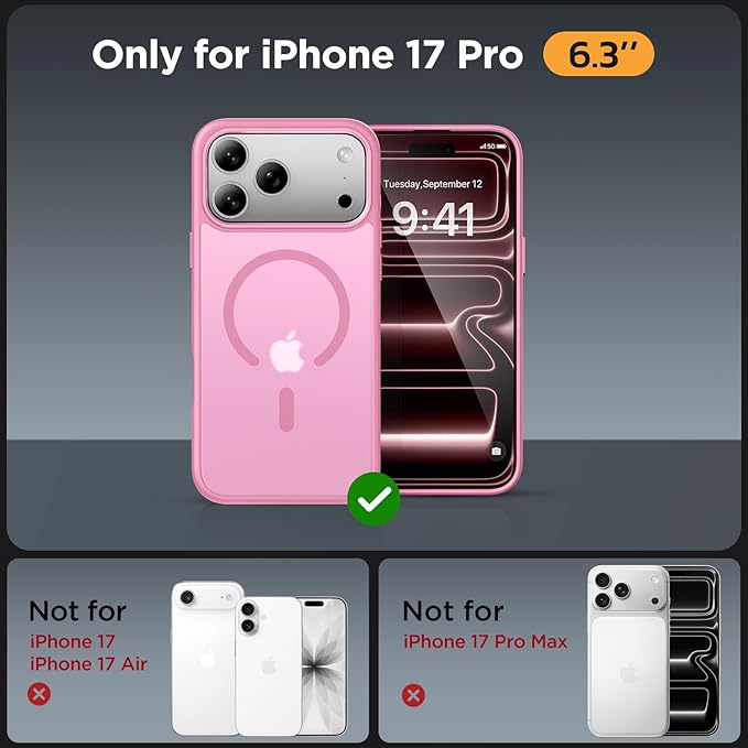Miracase Magnetic for 17 Pro Case 6.3" with Screen Protector, [Compatible with MagSafe] Military-Grade Protection, Anti-Fingerprint, Slim Thin Phone Case for 17 Pro Cover, Mes Pink