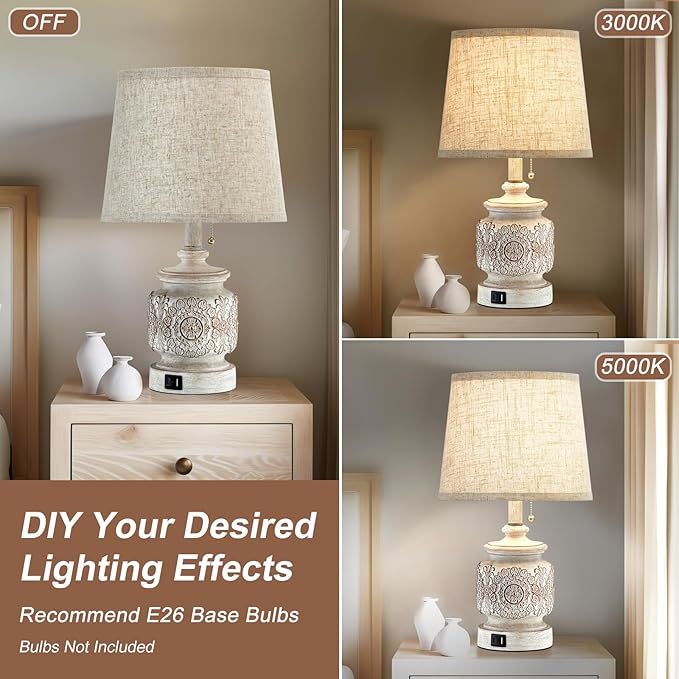 19.5" Farmhouse Vintage Table Lamps for Living Room Set of 2 Traditional Rustic Bedside Lamps for Bedrooms Nightstand with USB Ports Carved Floral Night Light Lamp for Office Decor,Pull Chain