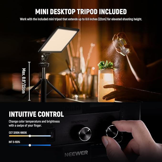 NEEWER 9" LED Video Light Panel, Dimmable DSLR Camera Soft Lighting with Mini Desk Tripod Stand, USB Type C Ports, 3200K~5600K CRI95+ for Studio Photography Video Recording Live Streaming, NL-116AI