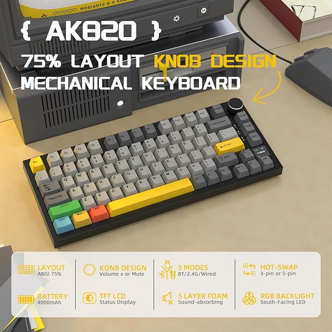 Attack Shark ajazz AK820 Pro 75% Mechanical Keyboard and Coiled Cable Hot Swappable Wireless 2.4GHz/Bluetooth/Wired TFT Screen & Knob Flying Fish Switch RGB Gasket Mount Custom Keyboard-Black