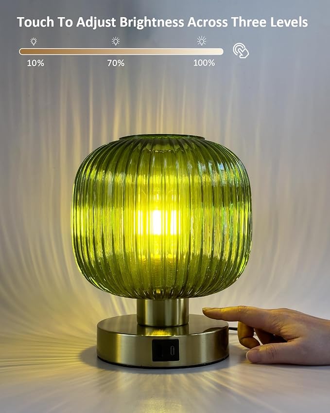 Elenhome Big Touch Table Lamp,Elegant Green Glass Bedside Lamp 3 Way Dimmable with USB C+A Charging Ports - Bedroom Nightstand & Living Room Essential, 4W Bulb Included (Green)