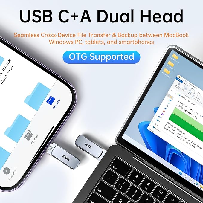 SSK 128GB Flash Drive USB C Thumb Drive up to 240 MB/s, Dual USB FlashDrive USB-C and A 3.2, Zinc Pendrive Memory Stick for iPhone 15/16Pro/Win/Android OTG with Water, Dust, and Drop Resistance