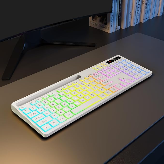 Soueto Wireless Keyboard with 7-Color RGB Backlit, Full-Size Computer Keyboard with Phone Tablet Holder, 2.4G Rechargeable Gaming Keyboard with Light Up Keys, Compatible with Mac, Windows (White)