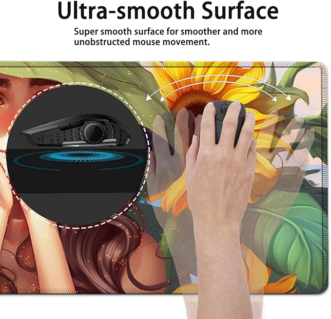 Large Mouse Pad, 31.5 x 11.8in Extended Gaming Mouse Pad with Stitched Edges, XXL Mousepad Protector Non Slip Rubber Base for Office and Home Writing Mat, Anime Sunflower Girl Pattern Desk Mat