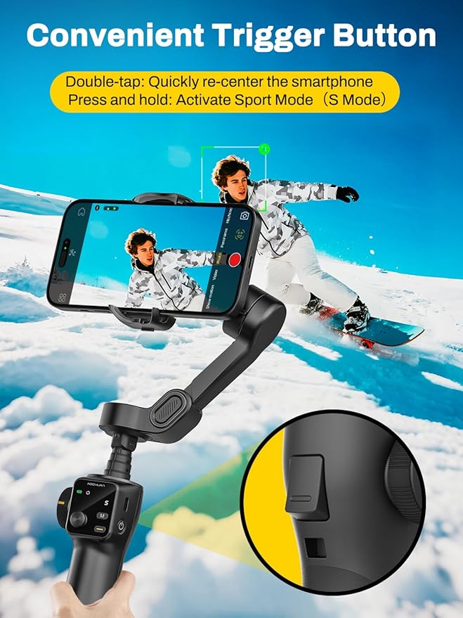 AOCHUAN Gimbal Stabilizer for iPhone w/Bluetooth Remote, 3-axis Phone Stabilizer w/7.8” Extension Rod, AI Face Tracking Smartphone Gimbal, Gesture Control for Video Shooting - Smart V8 Kit Black