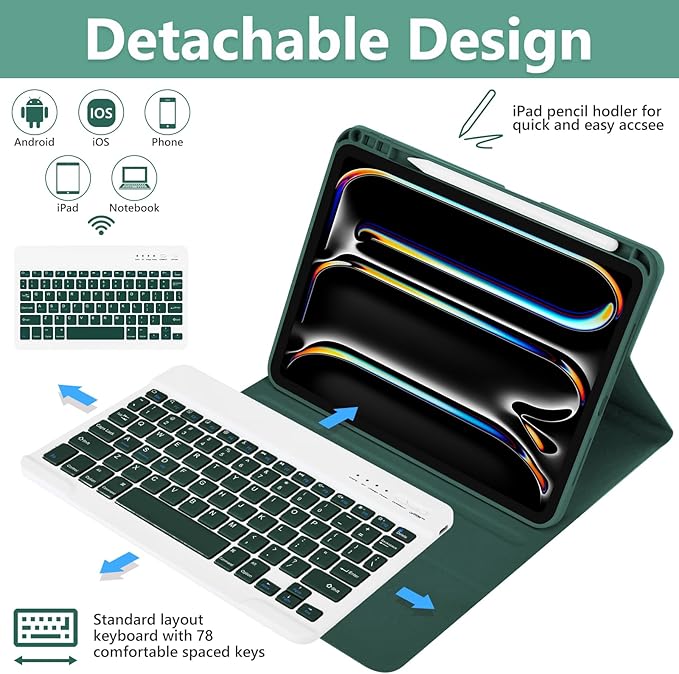 TaIYanG Keyboard Case for iPad Pro 11-inch M5/M4(2025/2024)- Detachable Magnetic Bluetooth Keyboard Case with Pencil Holder - Flip Stand Cover for iPad Pro 11 Inch 2024, Dark Green