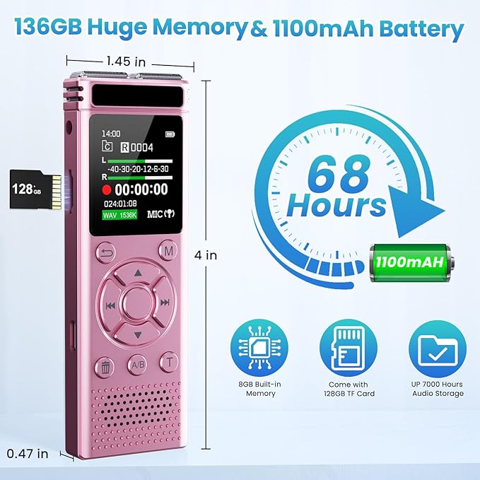 136GB Digital Voice Recorder with Playback,9000 Hours Audio Recording Device,Voice Activated Recorder with Noise Reduction,A-B Repeat,Mp3 Player & Password for Lectures Meeting/Classes/Interviews,Pink