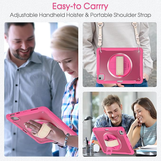 BRAECNstock Case for iPad Air 11-inch M4 2026/ M3 2025/ M2 2024 and Air 5th/4th Gen 10.9‘’ & Pro 11-inch 1st-4th 2018-2022 Kids Cover with Pencil Holder,Screen Protector,Handle Stand-Rose Red