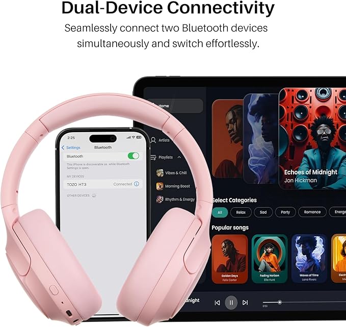 TOZO HT3 Hybrid Noise Cancelling Headphones, 90H Battery Life Wireless Over Ear Bluetooth 6.0 Foldable Headset, AI Voice Assistant with 5 Mics, Connect 2 Devices and Hi-Res Sound, 32 EQ Audio Presets