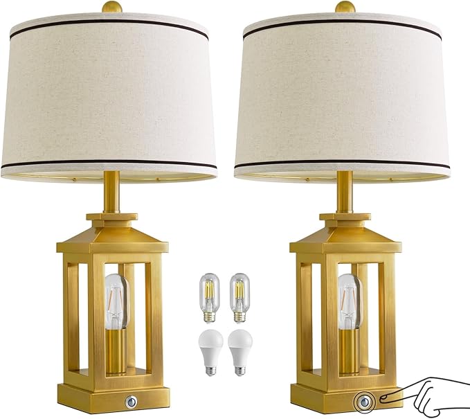 G-SAFAVA 24" Table Lamps for Living Room Bedroom Modern Gold Bedside Lamps Set of 2 Nightstand Lamps for Night Stands 3 Way Dimmable Touch Lamp with USB C+A Ports and 2 Light Sources, 4 Bulbs Includes