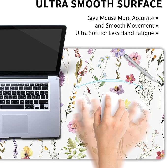 Pretty Flowers Mouse Pad XL Cute Floral Chic Plant Spring Summer Extended Table Mat 80X30cm Non-Slip Rubber Base Stitched Edge Large Mousepad for Desk Gaming Laptop Desk Top,31.5×11.8 Inch