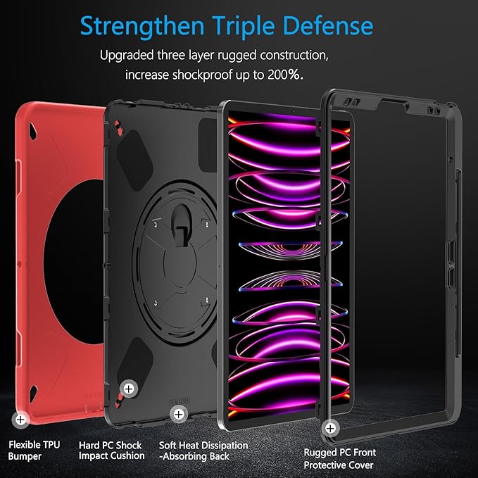 Miesherk Case for iPad Pro 12.9 Inch 6th/5th/4th Generation, Military Grade Heavy Duty Shockproof iPad Pro 12.9 Case - Rotating Stand, Pencil Holder, Hand/Shoulder Strap,Black+Red