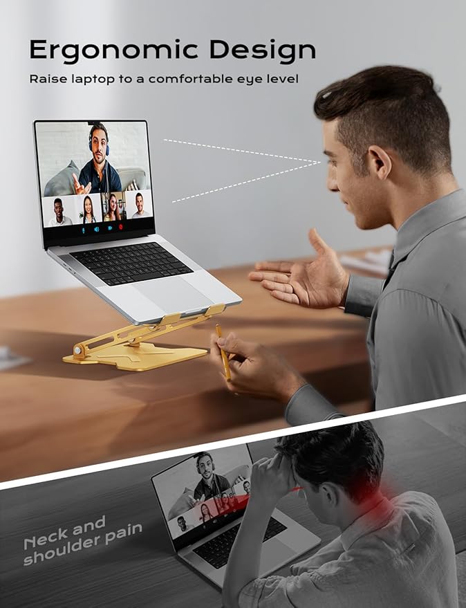 JCZT Adjustable Laptop Stand for Desk, Metal Foldable Laptop Riser, Portable Laptop Holder Mount, Ventilated Cooling Computer Notebook Stand for MacBook Air Pro, All 10-16'' Notebooks Laptops, Gold