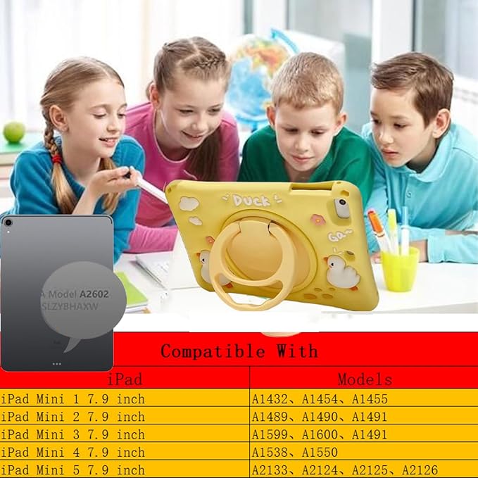 3D Cute Press Duck Case for iPad mini 1st 2nd 3rd 4th 5th Gen 7.9 inch,Kawaii Cartoon Character Duck Soft Silicone Rotating Stand Case with Lanyard for Kids Teens Girls Women