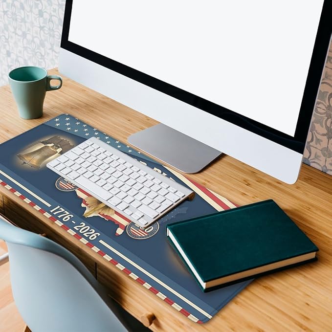 250th Anniversary Desk Pad Mouse Pad Eagle Liberty Bell America Flag Large Gaming Mouse Mat with Stitched Edges Non-Slip Waterproof Rubber Base Office Computer Keyboard Laptop Home 31.5"x11.8"