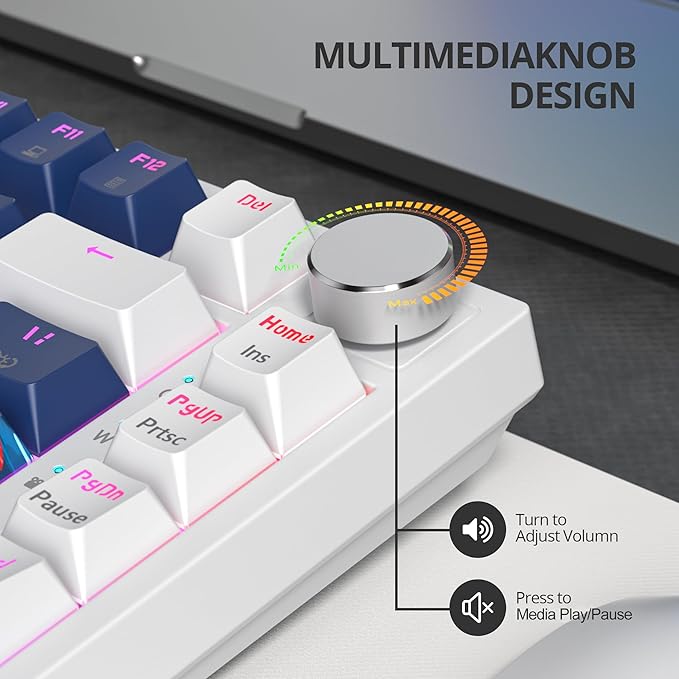 75% Mechanical Gaming Keyboard, Hot Swappable RGB Backlit Custom Keyboard with Knob, Gasket Mount USB Wired, 82 Keys White Blue Linear Red Switch (82 White Blue)