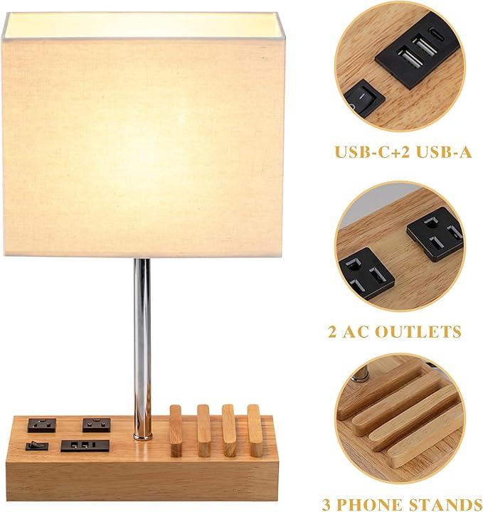 Briever Upgraded 3 USB Table Lamp with 2 USB A & C Charging Ports, Bedside Desk Lamp with 2 AC Outlets and Wooden Phone Stand Organizer, Nightstand Lamp for Bedroom, Living Room, Office, Natural Wood