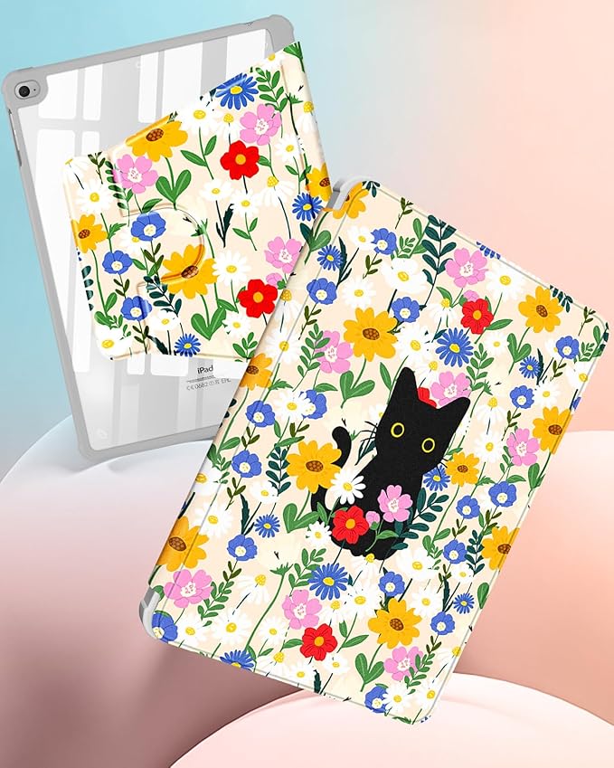 Uppuppy for iPad 5th/6th Generation Case for iPad Air 1st/Air 2nd/Pro 9.7 inch 2016 Case - 360 Rotating Stand Folio Smart Cover with Pencil Holder for Women Girls, Cat and Flowers for Apple Tablet
