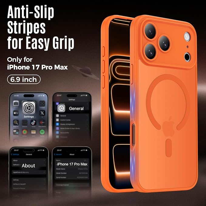 Symcele Designed for iPhone 17 Pro Max Case, Compatible with MagSafe, [Camera Protection] [15FT Military Drop Protection] Shockproof Translucent Matte Anti-Slip Phone Case, 6.9", Cosmic Orange
