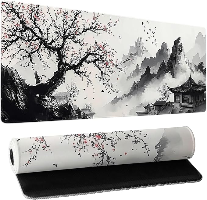 Japanese Anime Art Landscape Large Mouse Pad Large Extended Mouse Pad 31.5”x11.8” Non-Slip Rubber Base Full Desk Pad Japanese Sakura Gaming Keyboard Mat with Stitched Edges for Home Office Gaming Work