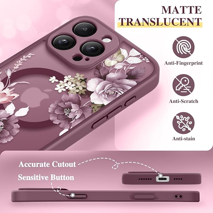 GVIEWIN for iPhone 16 Pro Max Case Compatible with MagSafe, [Military Grade Protection] [Screen Protector] Full Camera Protection Floral Translucent Women Magnetic Phone Case, Cherry Blossoms/Burgundy