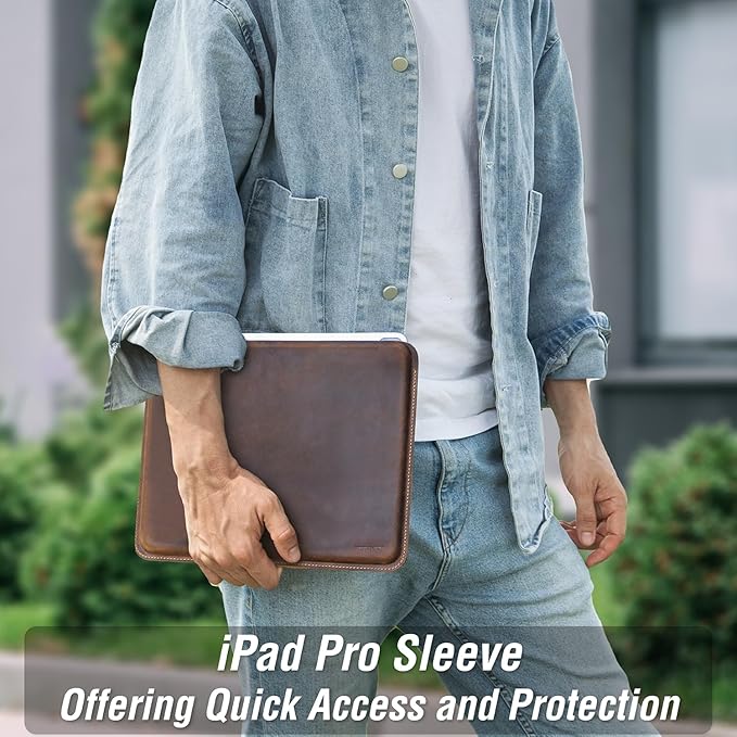 Top Grain Leather 11" Sleeve Slim Protector Case for Tablet, Solid Vintage Design, Fully Handmade, Compatible with 10.5"/10.9"/11" iPad Pro/Air, 10.2" iPad 7th/8th/9th Gen, Coffee 11 Inch