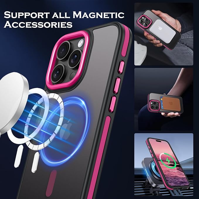 YINLAI Case for iPhone 16 Pro 6.3-Inch, iPhone 16 Pro Phone Case Magnetic [Compatible with Magsafe] Slim Translucent Matte Men Women Girls Shockproof Protective Back Cover, Black/Hot Pink