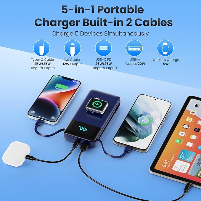 Portable Charger PowerBank 40800mAh with Built-in Cables,25W PD Fast Charging +QC 4.0 Quick Phone Charging Power Bank, Travel Essential Charger Battery Pack for iPhone 17/16/15 Android Galaxy etc