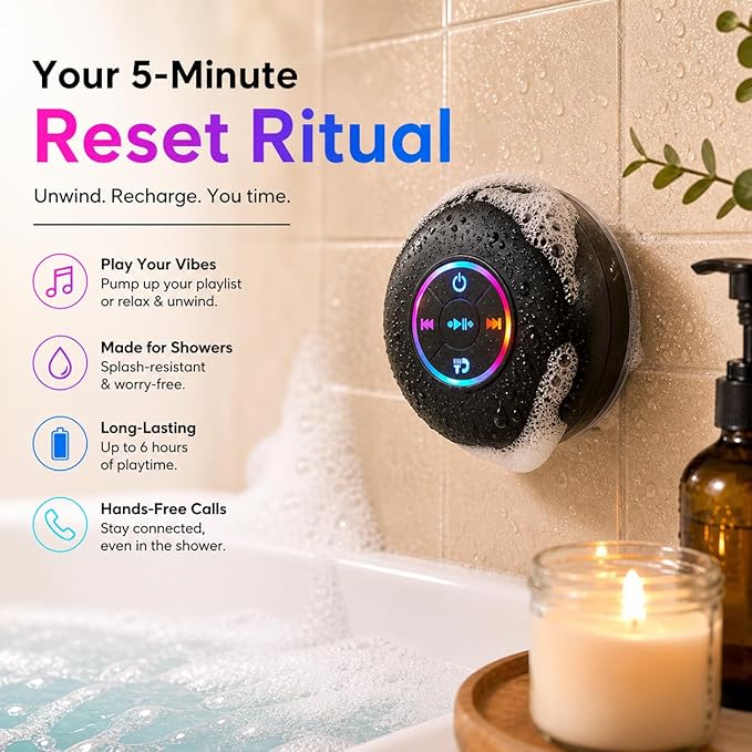 Bluetooth Shower Speaker with LED – Portable Wireless Mini Speaker with Mic & Suction Cup, IPX4 Water Resistant for Shower, Travel, Pool, River Floating, and Outdoor Fun (Black)