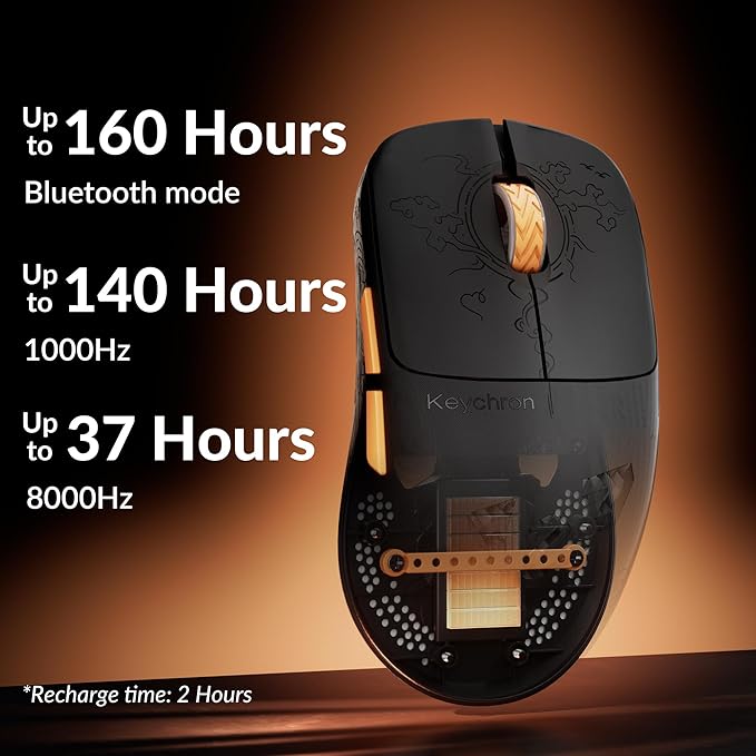 Keychron G3 8K Carbon Fiber Wireless Gaming Mouse, 30000 DPI - PAW 3950 Sensor, 47±3g Ultra-Lightweight, Wired/BT/2.4GHz, 160Hr Battery Life, 5 Programmable Buttons, Windows/Mac/Linux - Black
