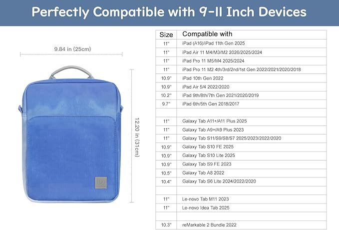Dadanism 9-11 Inch Tablet Sleeve Bag Carrying Case with Shoulder Strap for iPad (A16) 11", iPad 10th Gen 10.9", iPad Air M4/Pro M5 11", iPad 9/8/7th 10.2", Galaxy Tab A11+ Plus 11", Blue Mist