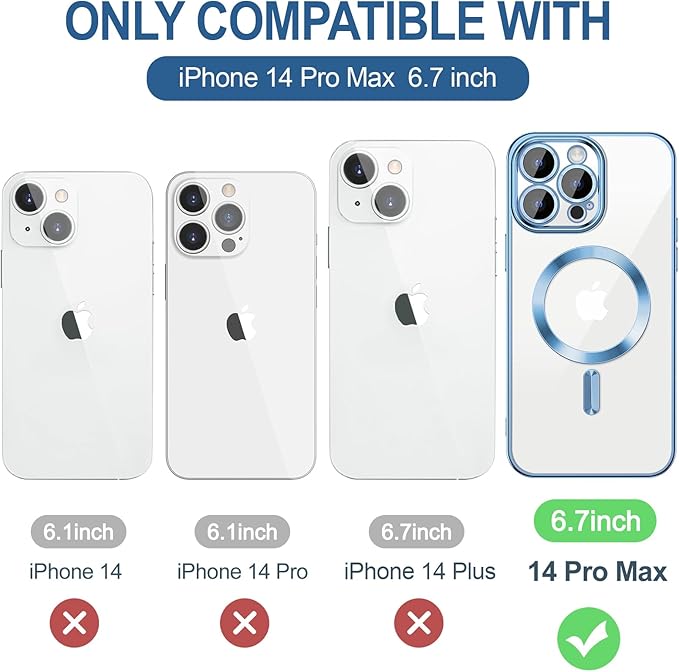 Hython Magnetic Clear for iPhone 14 Pro Max Case with Camera Lens Protector [Compatible with MagSafe] Plating Edge Slim Soft TPU Cover Protective Phone Case for iPhone 14 Pro Max 6.7", Light Blue