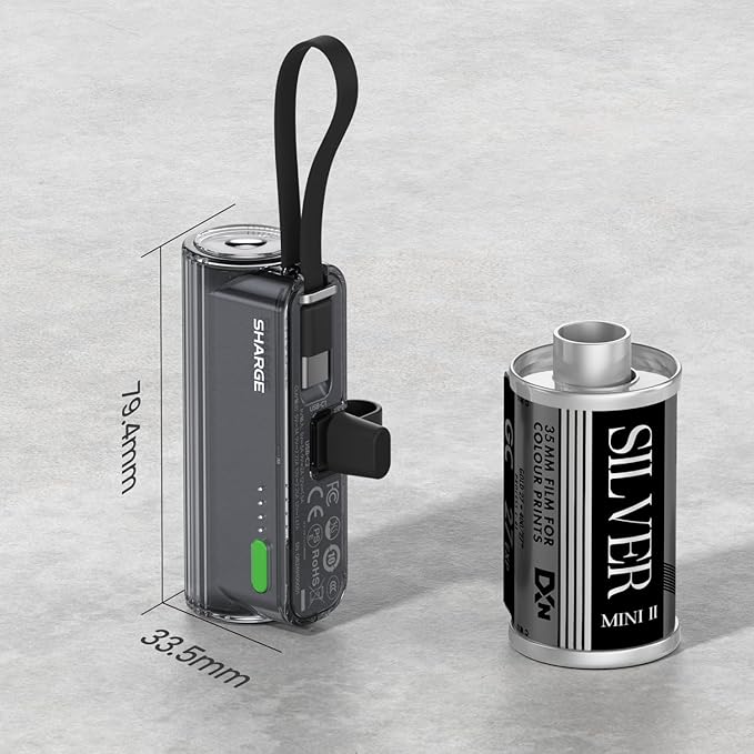 sharge Flow Mini 2 Power Bank with Built-in Cable 22.5W Max Portable Charger for Travel, Fast Charging Battery Pack with iOS and USB-C Connector for iPhone 17/16/15/14, Galaxy, Google, and More