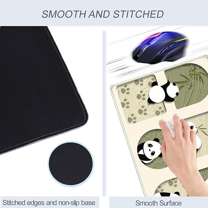 Cute Kawaii Panda Desk Mat Large Beige Mouse Pad XXL Mouse Pad Keyboard Mat, Cute Desk Accessories Office Decor, Extended Mousepad 31.5 X15.7 Non-Slip Rubber Base with Stitched Edges