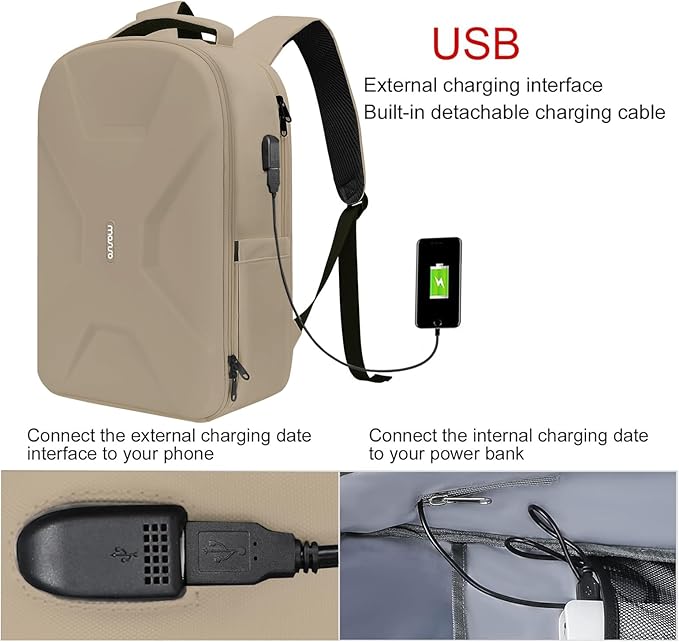 MOSISO 15.6-16 inch 35L Laptop Backpack with USB Charging Port for Women Men, Waterproof Hardshell Travel Business Computer Bag, Anti-Theft Daypack with Luggage Strap, Camel